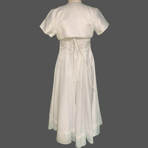 BEAD EMBROIDERED WHT SATIN A-LINE DRESS & MATCHING SHRT-SLEEVED CROP JACKET SZ 8 - Picture 3 of 5